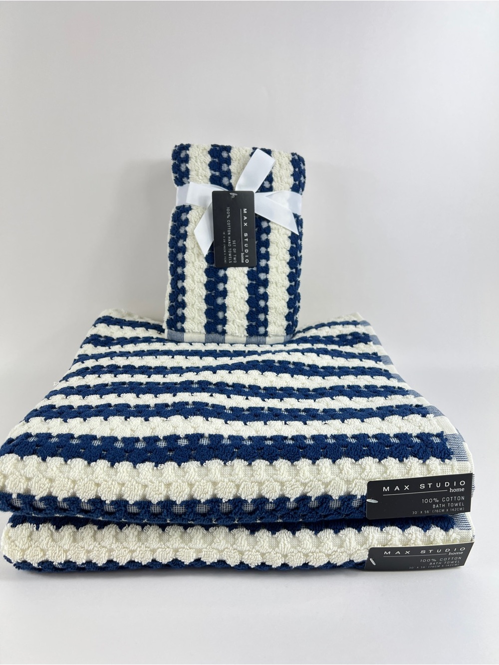 Max Studio Bath Towels Navy Cream Stripe Waffle Texture Soft Cotton 4 Pc NEW